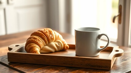 Ceramic mug on a vintage wooden tray with a croissant, soft morning light, cozy breakfast scene.