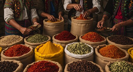 Vibrant Spices Overflow in Rustic Burlap Sacks at a Lively Market