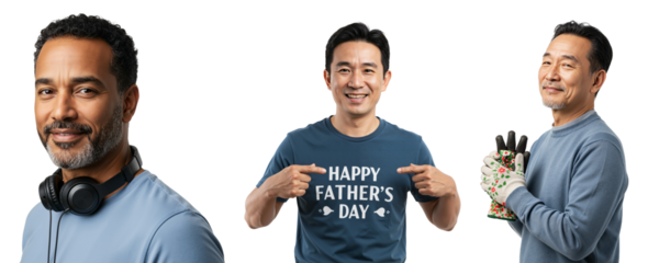 Happy Father's Day Celebration with Smiling Men Wearing Casual Attire Featuring Greeting Shirt