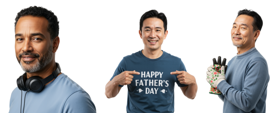 Happy Father's Day Celebration with Smiling Men Wearing Casual Attire Featuring Greeting Shirt