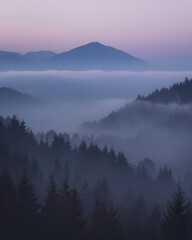 Obraz premium Serene Mountains Enshrouded in Mystical Fog during a Tranquil Dawn Hour