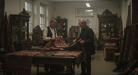 Two men meticulously examine antique carpets in a dimly lit antique shop, their expertise evident in their careful handling.