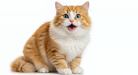 Obraz premium Isolated Wide Eyed Cat with Striking Blue Eyes and Orange White Fur Against a Clean White Background in Bright Studio Lighting