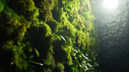Lush green moss wall with vibrant foliage.