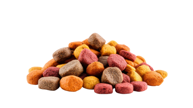 Pile of colorful dry pet food kibble isolated on transparent background