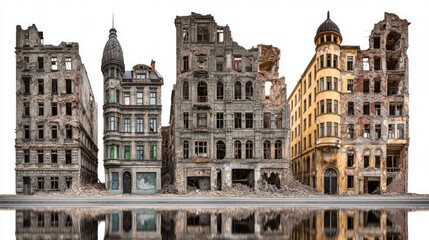 Ruined city buildings in a ravaged urban area.