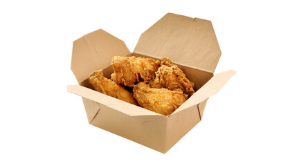 Crispy golden fried chicken wings in an open cardboard takeout box isolated on transparent background