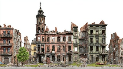 Obraz premium Ruined city buildings in a war-torn street.