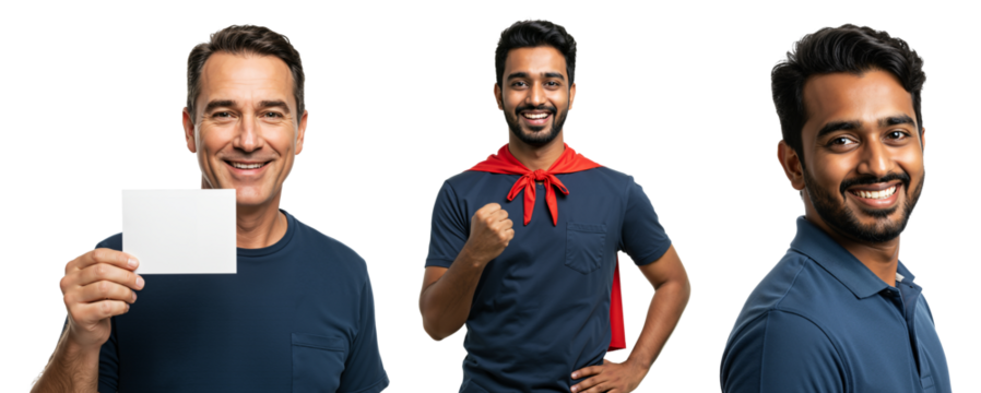 Smiling Men Holding Blank Card in Red Cape, Portraits of Happy Male Friends, Diverse Group Expression