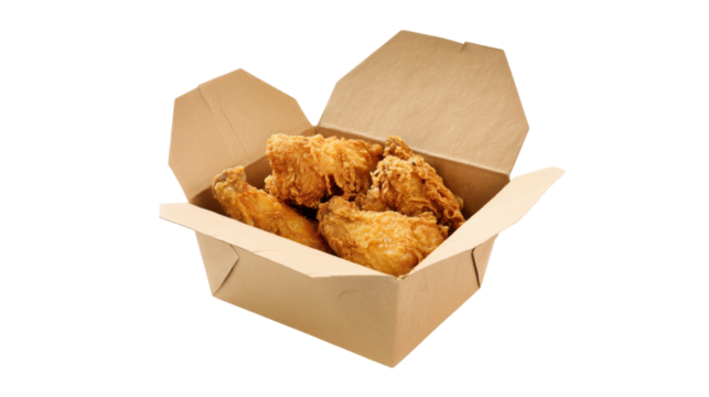 Crispy golden fried chicken wings in an open cardboard takeout box isolated on transparent background