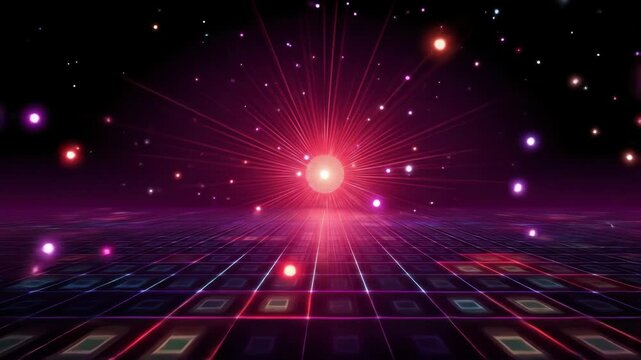 Neon singularity pulse with glowing red light and futuristic grid floor, vibrant cosmic energy, digital landscape, and abstract