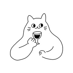 ワイングラスを持った猫の線画イラスト／大人かわいい手描きキャラクター