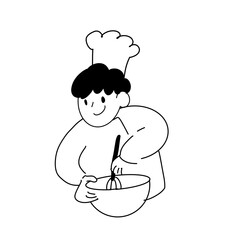 ボウルで泡立てをする男性シェフの手描きイラスト／料理素材・キッチン風景