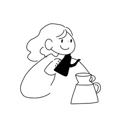 ハンドドリップでコーヒーを淹れる女性／カフェ風の手描き線画イラスト