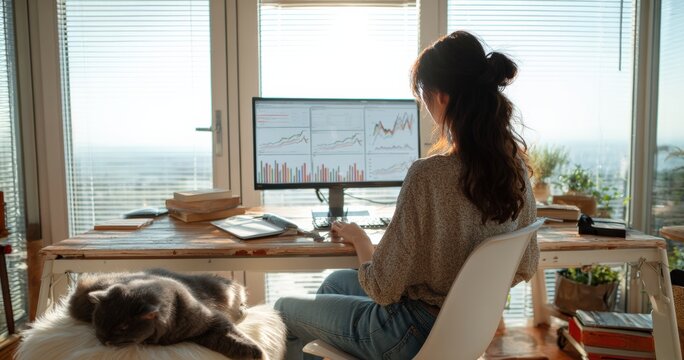 Businesswoman working from home analyzing financial charts on her computer, while her cat sleeps peacefully next to her
