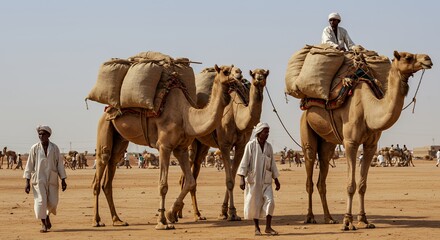 Camels laden with goods traverse the sun-drenched desert, accompanied by their handlers.