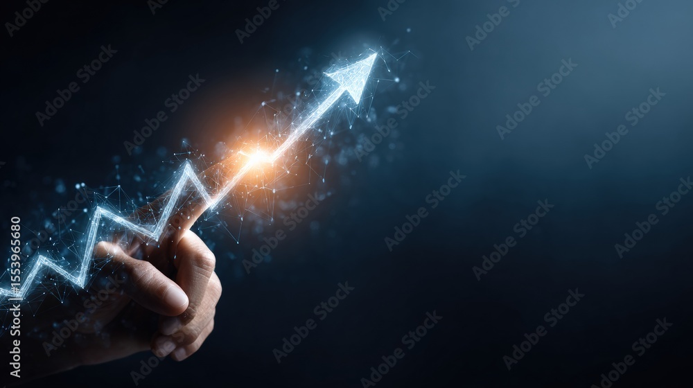 Poster hand pointing growing arrow formed by glowing points and lines, symbolizing business success, innova