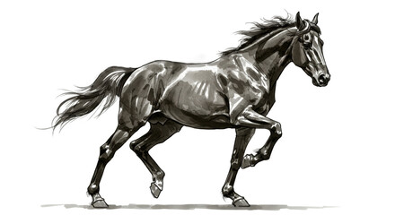 Dynamic grayscale ink illustration showcasing a powerful horse in motion