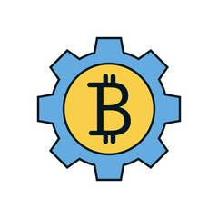 Flat bitcoin in gear concept for crypto system management, blockchain process, and digital money technology