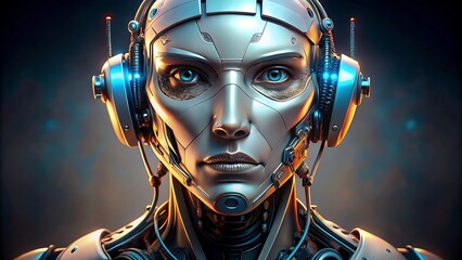 A captivating close-up of a futuristic humanoid robot's face with striking blue eyes and intricate metallic details, wearing headphones, embodying advanced AI and technology.
