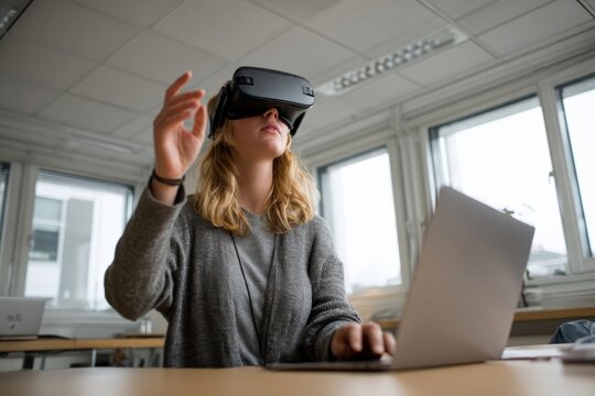 Office worker interacting with virtual reality headset and using laptop, exploring immersive technology in the workplace