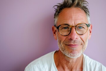 Senior man with glasses and a white shirt on a purple background.