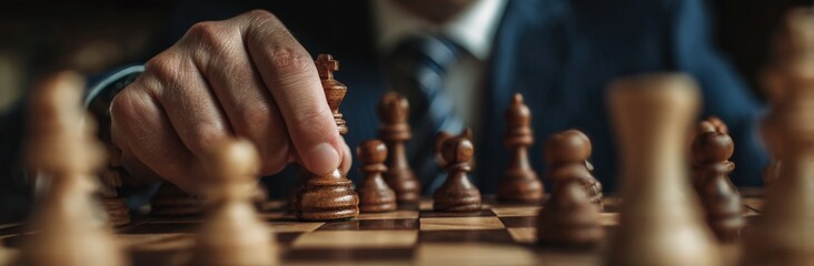 Close up of businessman's hand moving king chess piece on wooden chessboard, strategic business decision making concept