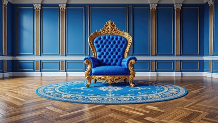 Opulent armchair with ornate gold trim sits atop a circular blue rug in an elegant room with wood floor