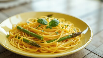 Close up of a plated spaghetti dish with fresh green basil leaves and tender asparagus spears for an appetizing and wholesome dining experience