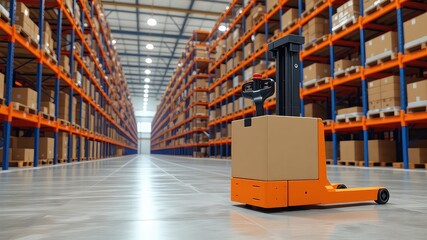 Automated lift carrying a cardboard box inside a large distribution center with tall rows of shelves stacked high with packed goods