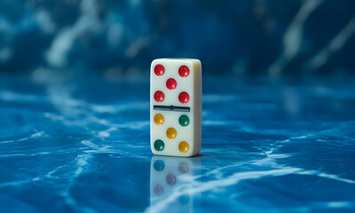 Domino on blue water background with reflections
