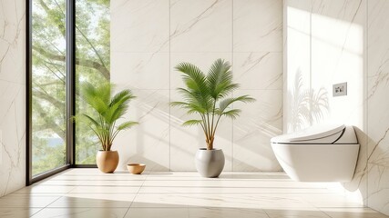 Modern bathroom interior featuring marble tiles, plants, window view, sunlight, and a minimalist toilet creates a serene atmosphere
