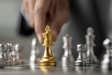 Businessman playing chess, moving a golden king piece on a chessboard, planning his next strategic move in business competition