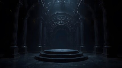 Dramatic dark ancient temple interior with ornate columns and a central stage