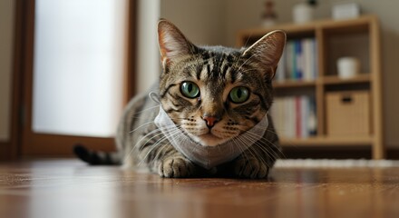 Tabby Cat with Striking Green Eyes Wearing Gray Protective Mask Low to Ground in Bright Room