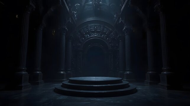 Dramatic dark ancient temple interior with ornate columns and a central stage