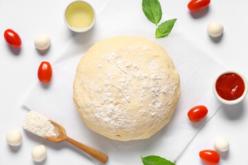 Raw dough and ingredients for preparing pizza with mozzarella on white background