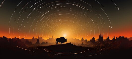 pop surreal unreal silhouettes spiral towards monster bison, ai generatif