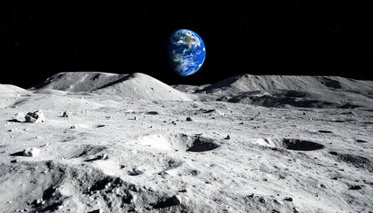 Earthrise viewed from a lunar landscape; grey, cratered surface dominates foreground with Earth a vibrant blue sphere in dark space background