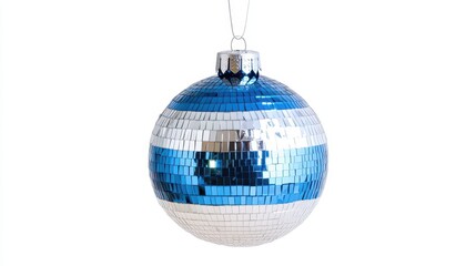 Fototapeta premium A festive, blue and silver disco ball ornament hangs on a white background. Use this photo to decorate layouts for Christmas or New Year's Eve.