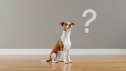 Dog with Curious Expression Sits Patiently Before a Question Mark, Seeking Answers in a Minimalist Setting