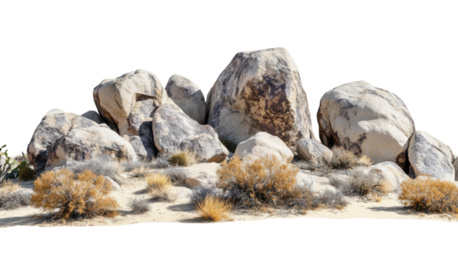 Set of massive boulders with dry bushes in a rugged natural landscape featuring rocky terrain and arid vegetation isolated on white background