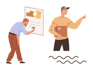 Two people collaborating, one writing on a board with notes, another holding a package and pointing. Ideal for teamwork, planning, brainstorming, creativity, education, communication simple flat