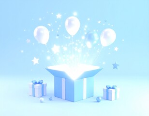 풍선과 반짝이는 별들이 나오는 마법 같은 파란 선물 상자 - 파스텔톤 3D 일러스트 Magical Blue Gift Box with Balloons and Sparkling Stars - 3D Pastel Illustration