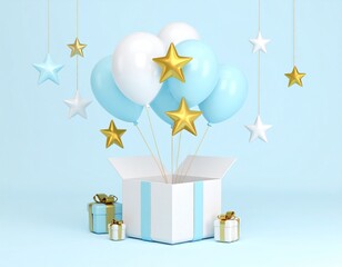 선물 상자에서 풍선과 별이 나오는 서프라이즈 3D 일러스트 Surprise Gift Box with Balloons and Stars - 3D Illustration