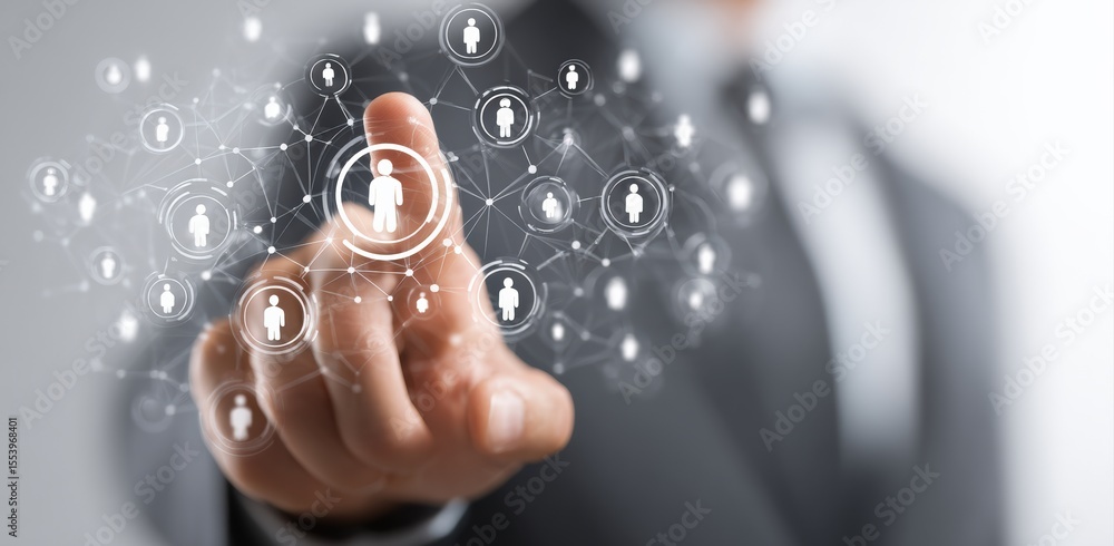 Aufkleber Businessman interacting with a digital social network connection structure, symbolizing global communication and teamwork