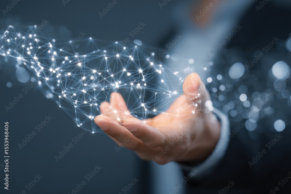 Poster businessman presenting a polygonal mesh connection, symbolizing digital data, internet communication