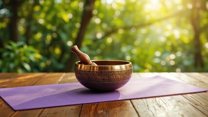 Golden meditative singing bowl with intricate design on a lavender yoga mat outdoors for relaxation and spiritual practice