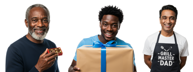 Diverse Group of Men Celebrating Father's Day with Gifts and Smiles, Multicultural Family Celebration