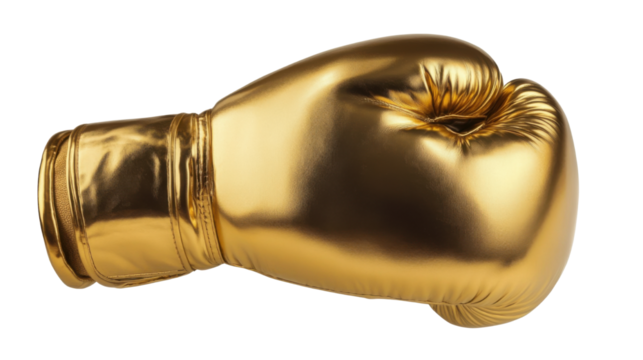 Shiny gold boxing glove representing strength achievement and victory with metallic finish and bold sports symbolism isolated on white background - Powered by Adobe